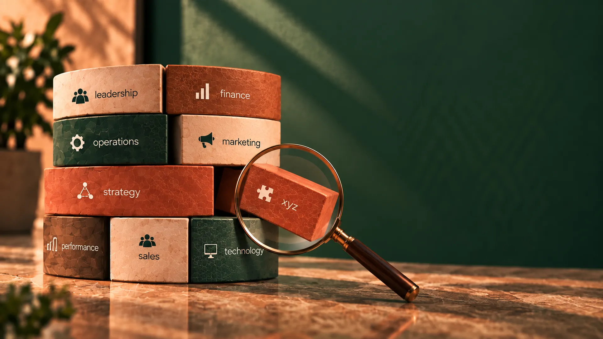 Stone blocks labelled leadership, finance, operations, marketing, strategy, performance, sales and technology, with a magnifying glass over one block.