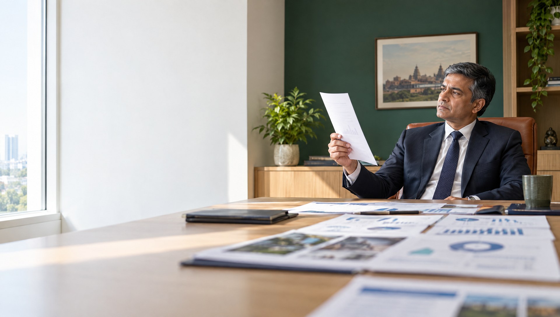 A CEO alone by the window of his office, reading a single page.
