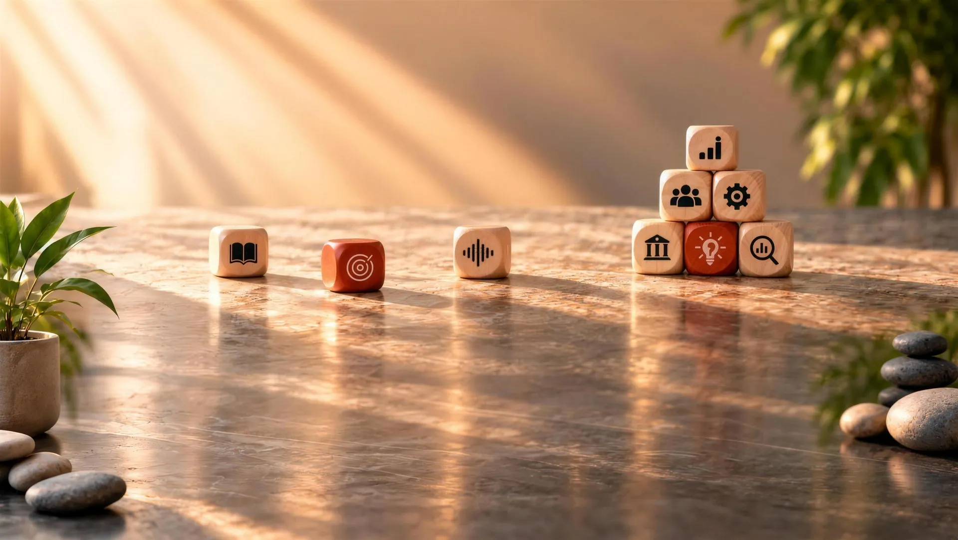 Wooden blocks on a marble table in warm sunlight: three scattered blocks and a stacked pyramid of six.