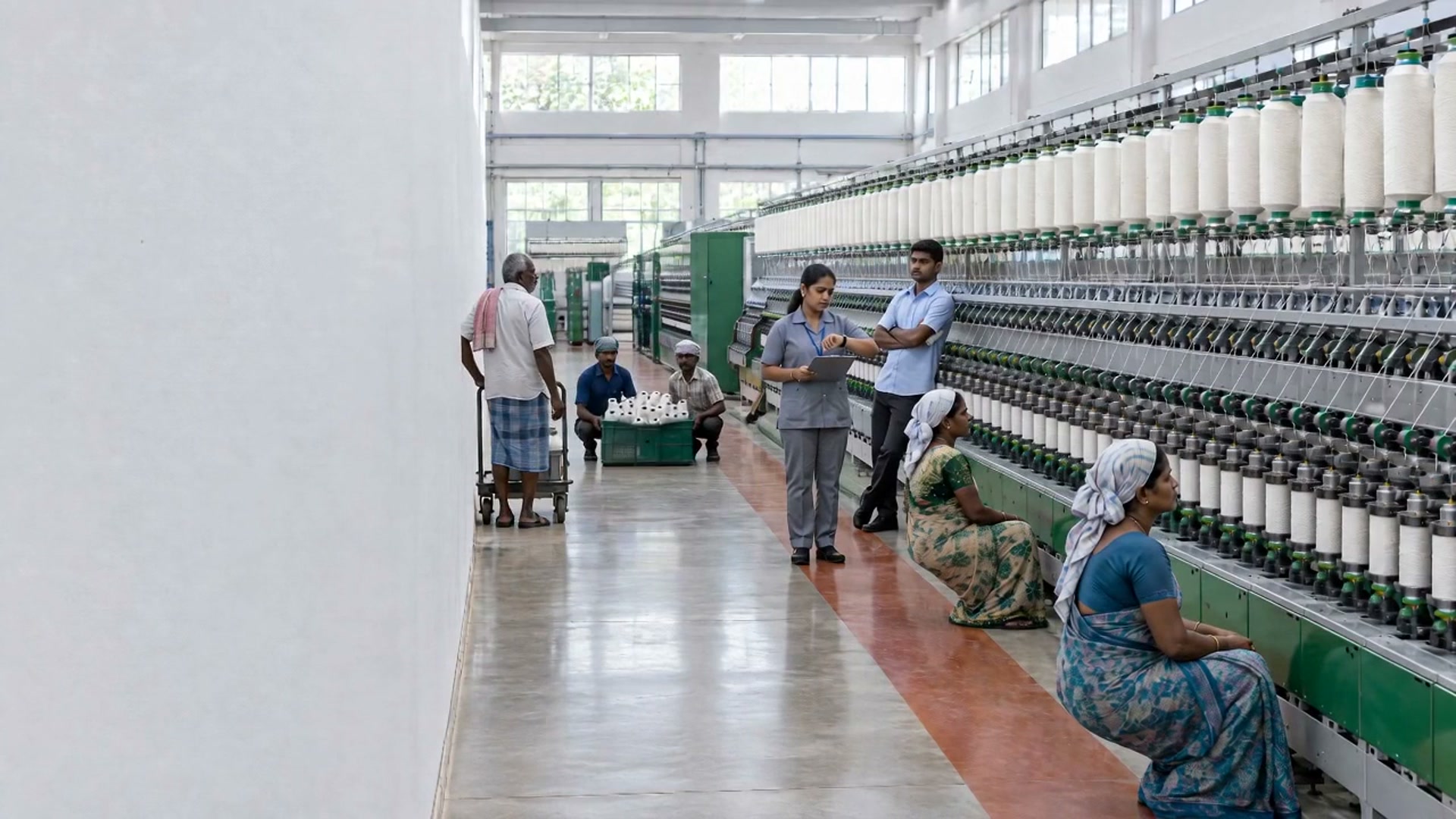 A silent spinning mill, the whole shift waiting beside the stopped machines.